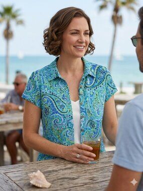 Jones New York Women's Paisley Button Down Shirt - Blue and Green